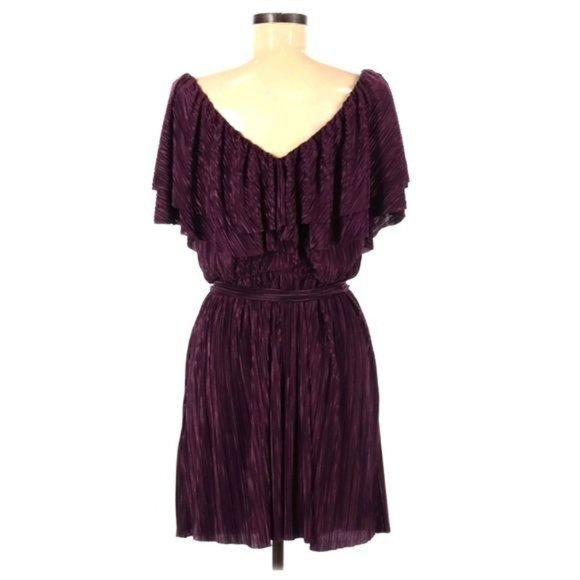 OML Deep Purple Plisse Pleat Flutter Sleeve Dress M Cocktail Party Wedding - Picture 2 of 10